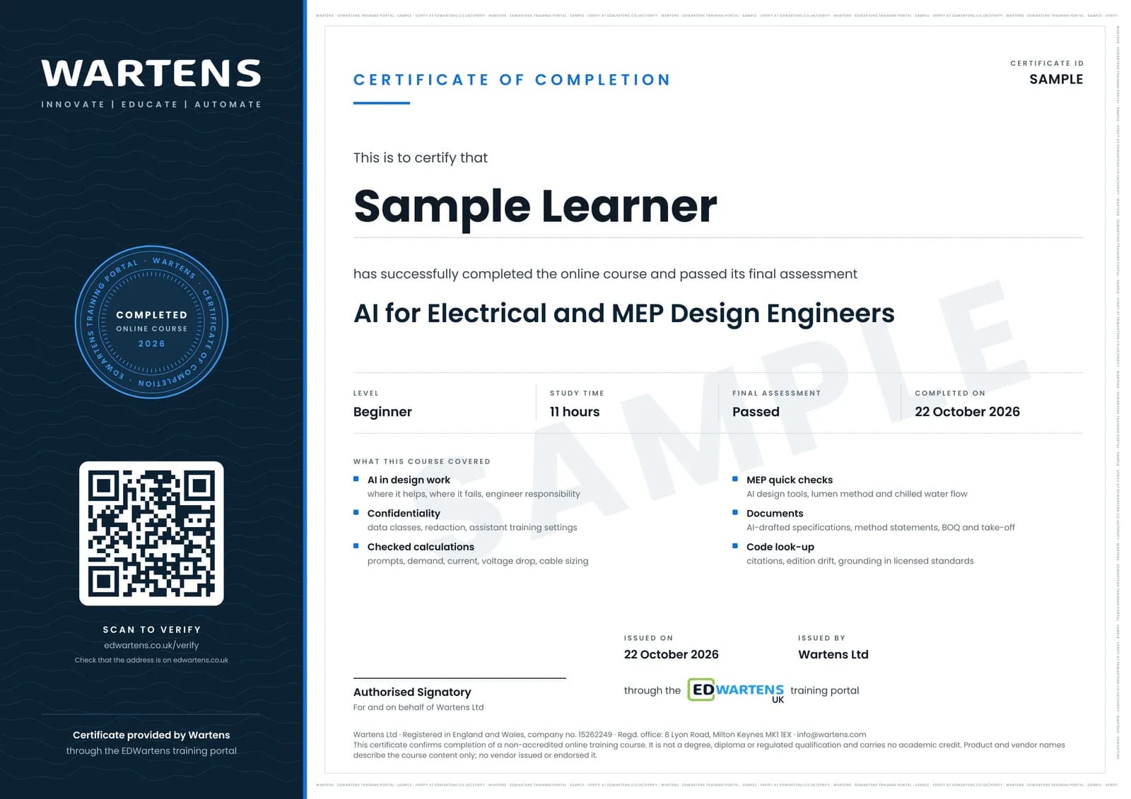 Sample certificate for AI for Electrical and MEP Design Engineers