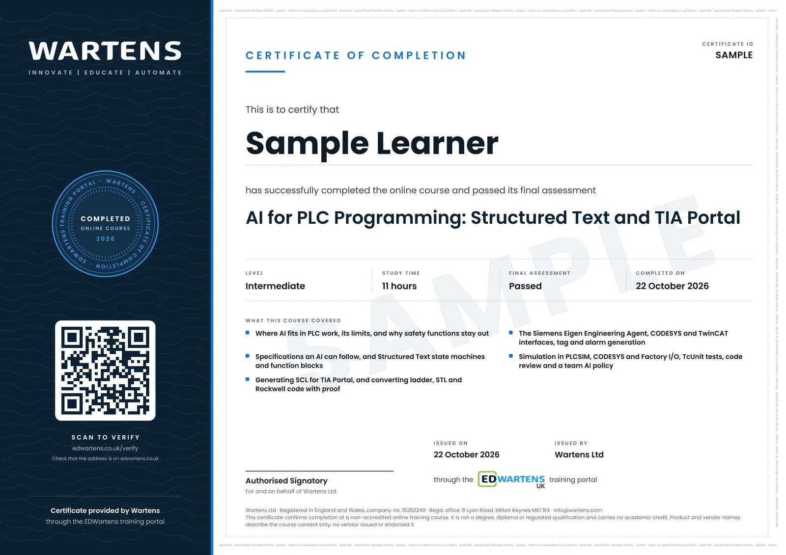 Sample certificate for AI for PLC Programming: Structured Text, TIA Portal and Siemens Eigen