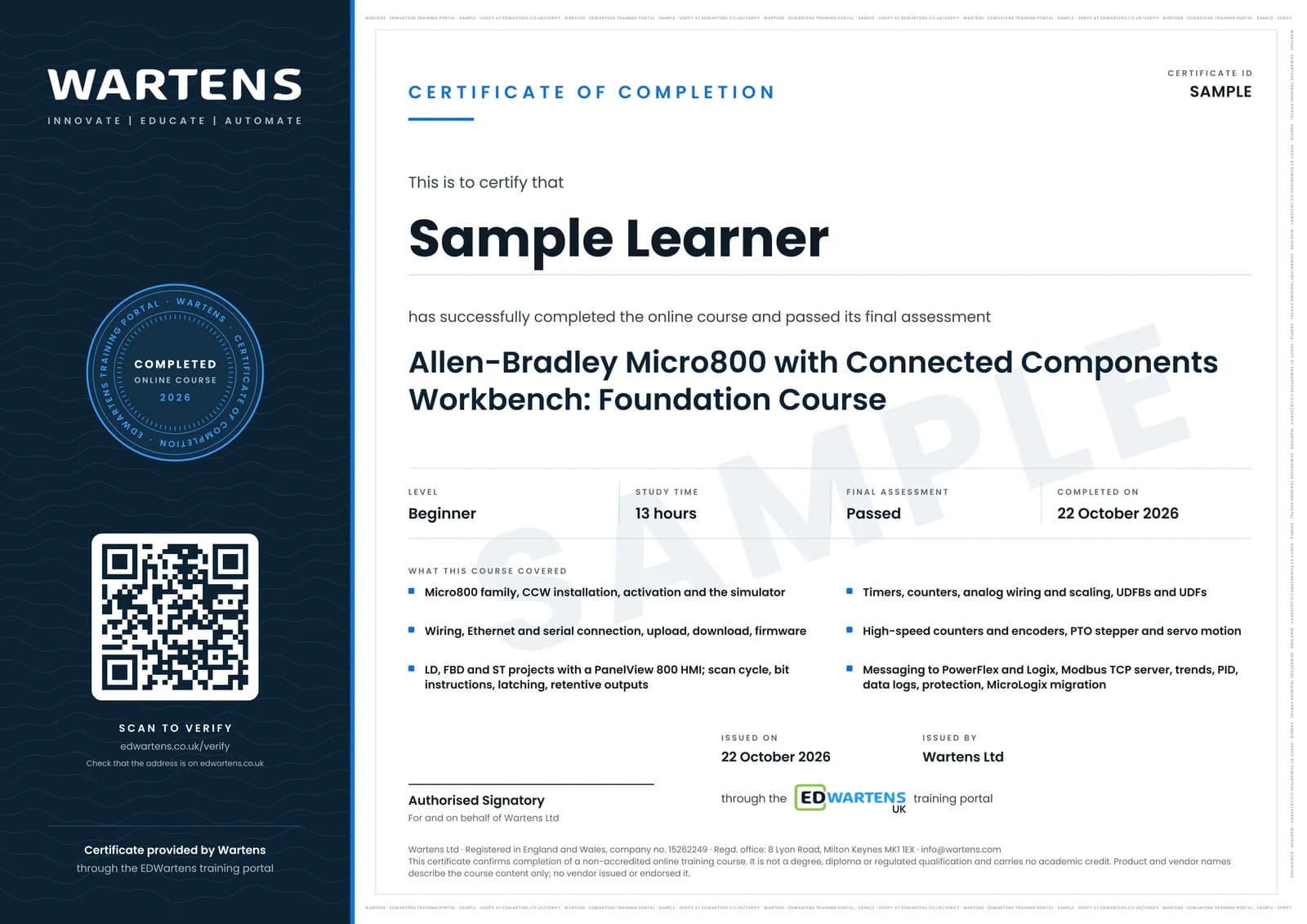 Sample certificate for Allen-Bradley Micro800 with Connected Components Workbench