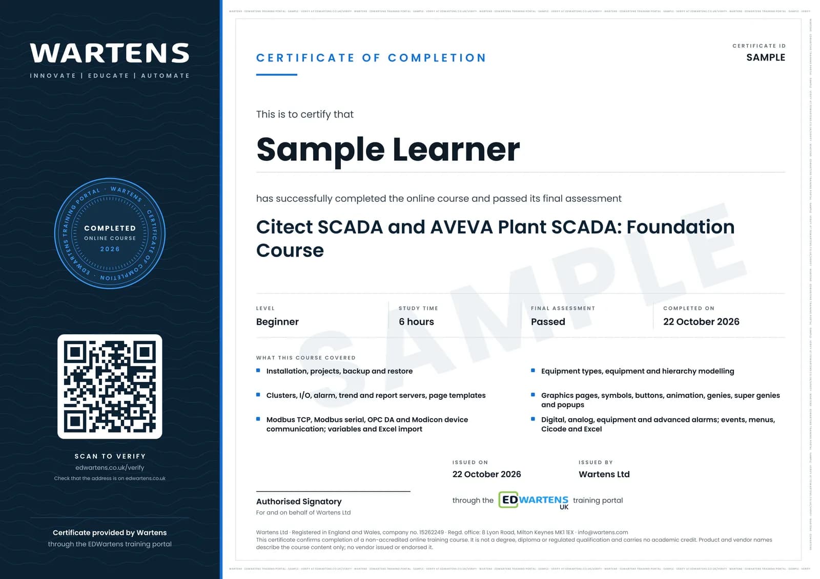 Sample certificate for Citect SCADA and AVEVA Plant SCADA