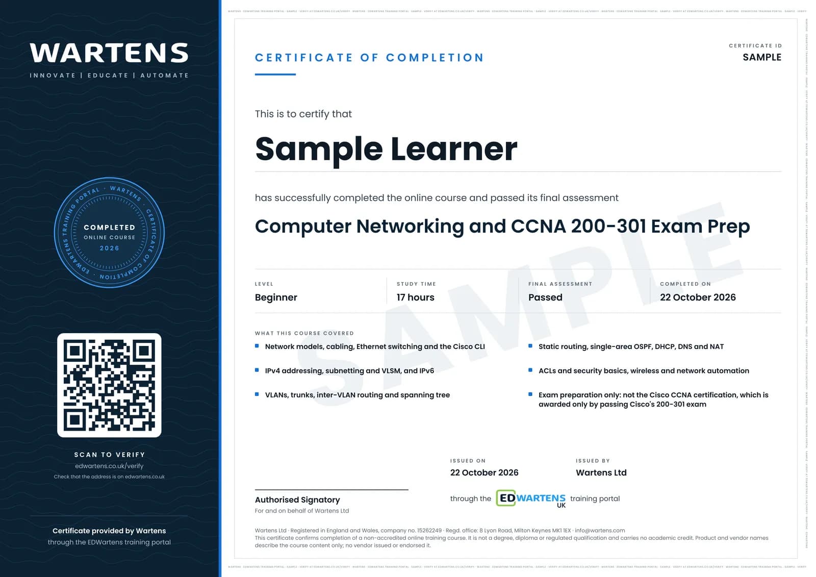 Sample certificate for Computer Networking and CCNA 200-301 Prep