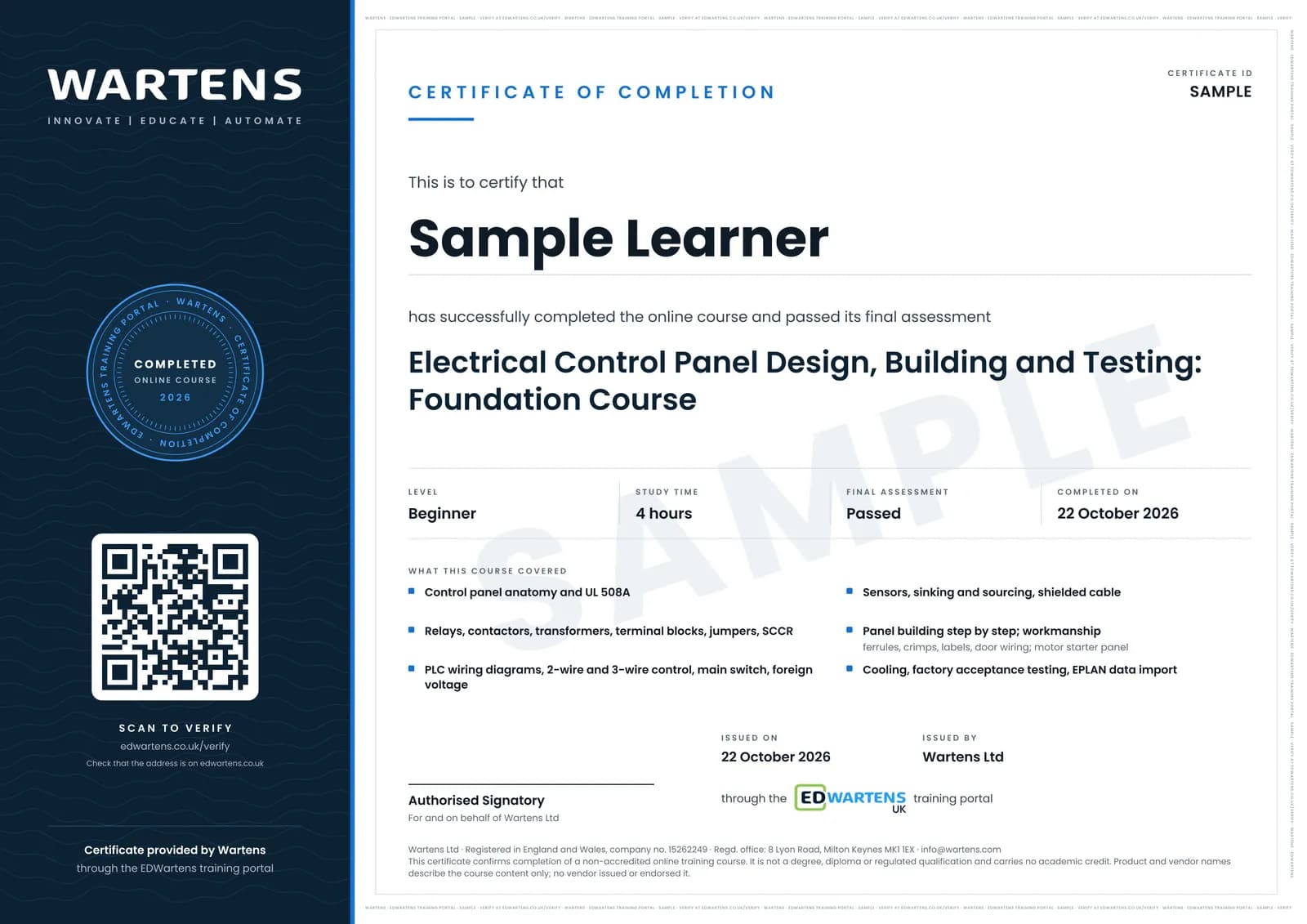 Sample certificate for Electrical Control Panel Design, Building and Testing