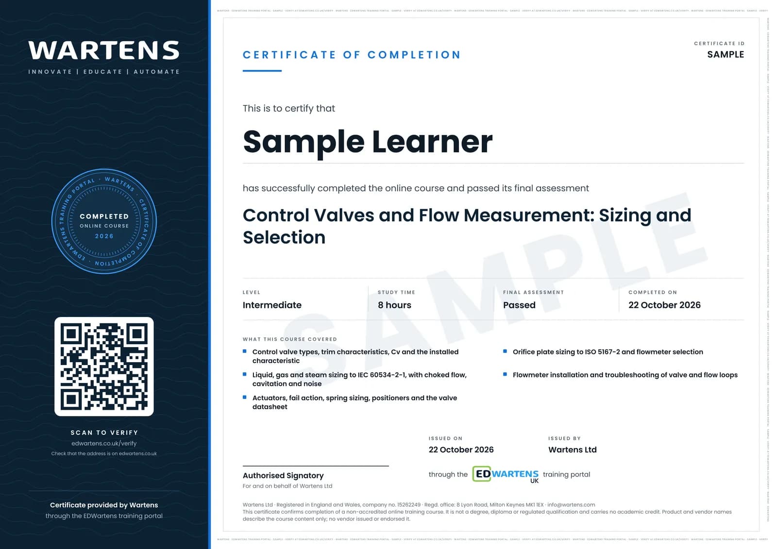 Sample certificate for Control Valves and Flow Measurement: Sizing and Selection