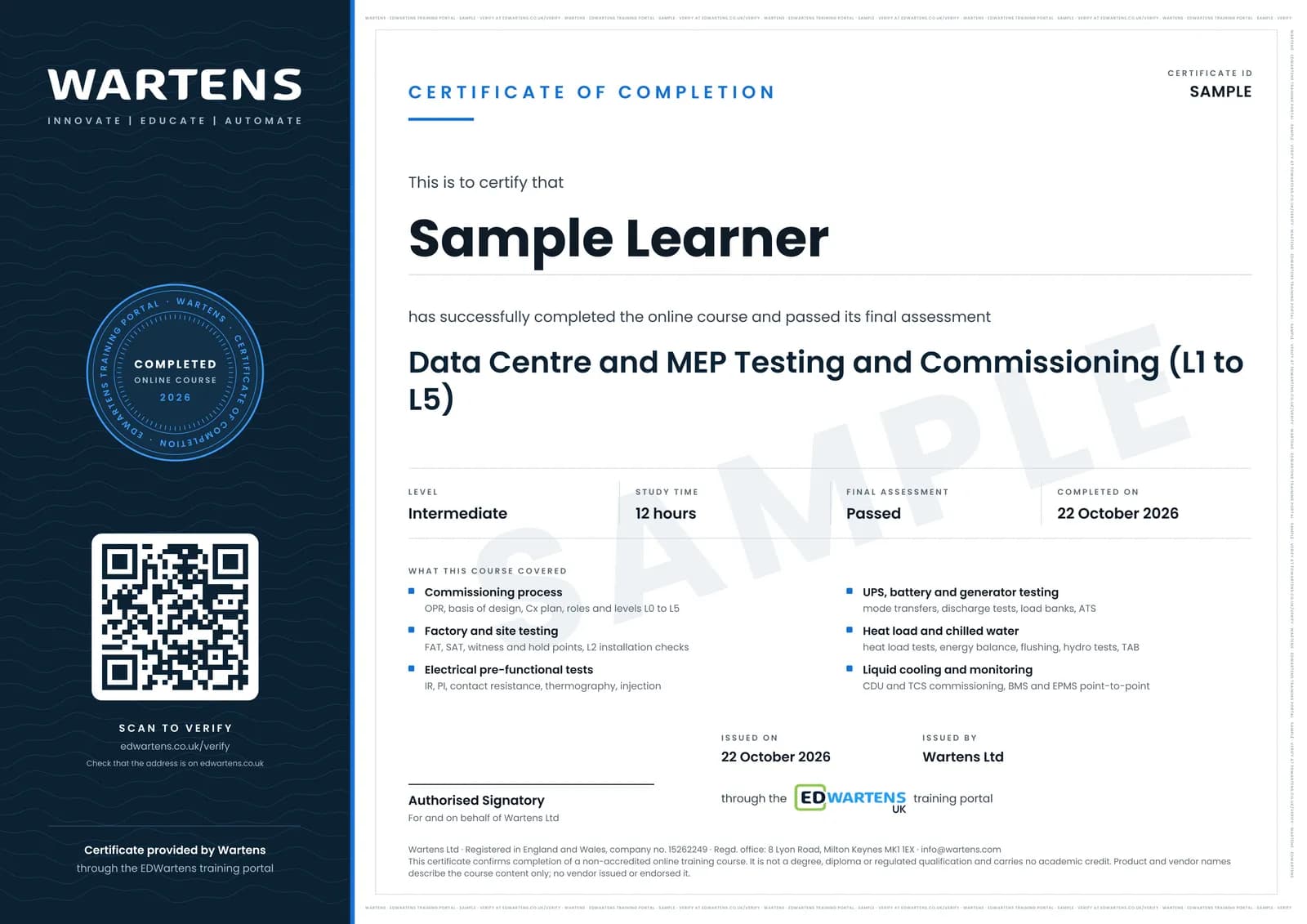 Sample certificate for Data Centre and MEP Testing and Commissioning (L1 to L5)