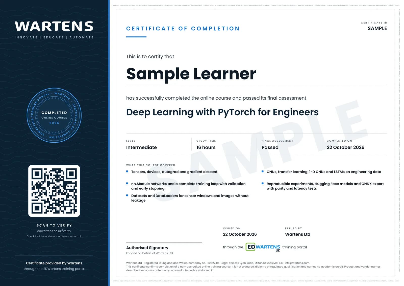 Sample certificate for Deep Learning with PyTorch for Engineers