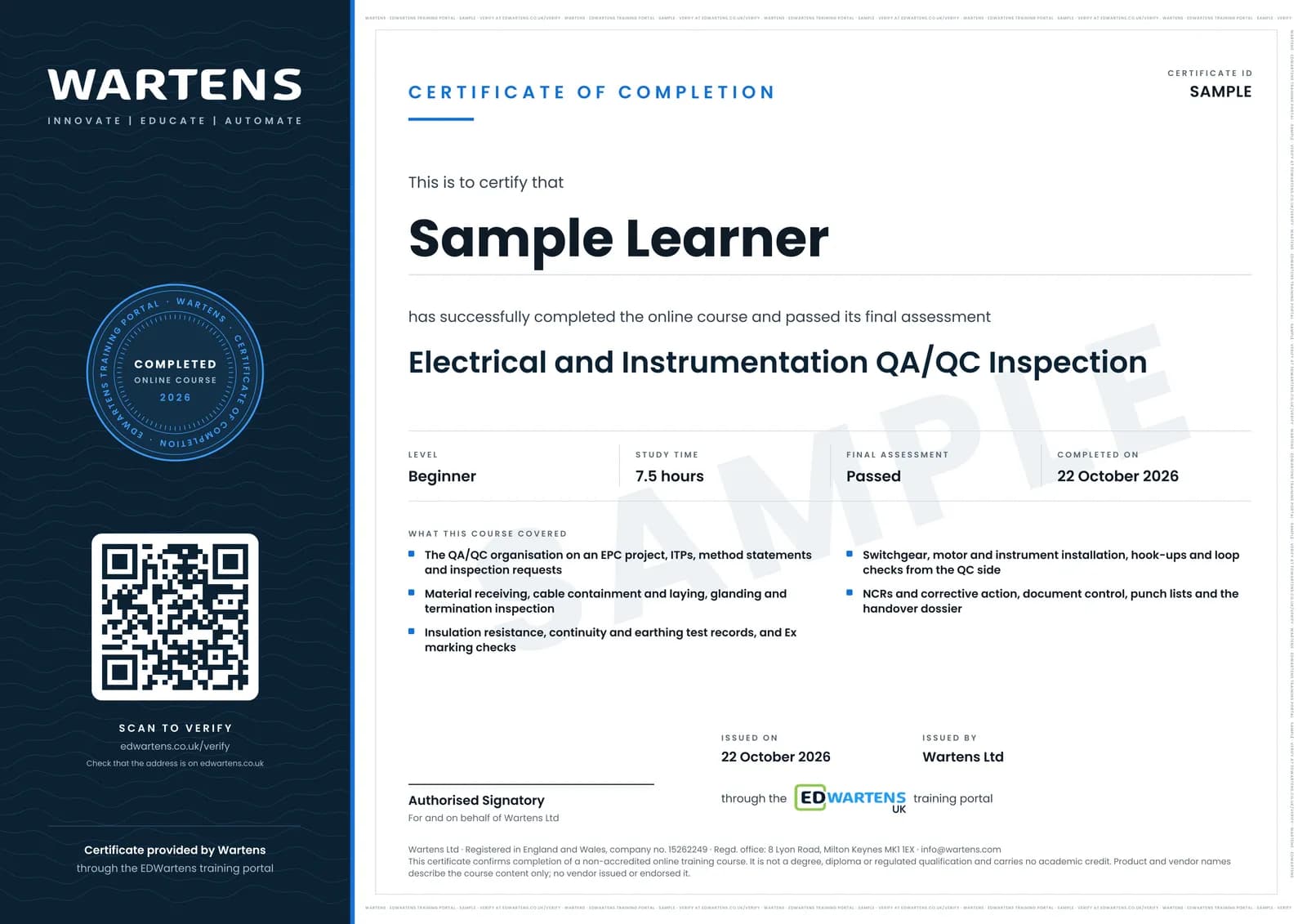 Sample certificate for Electrical and Instrumentation QA/QC Inspection