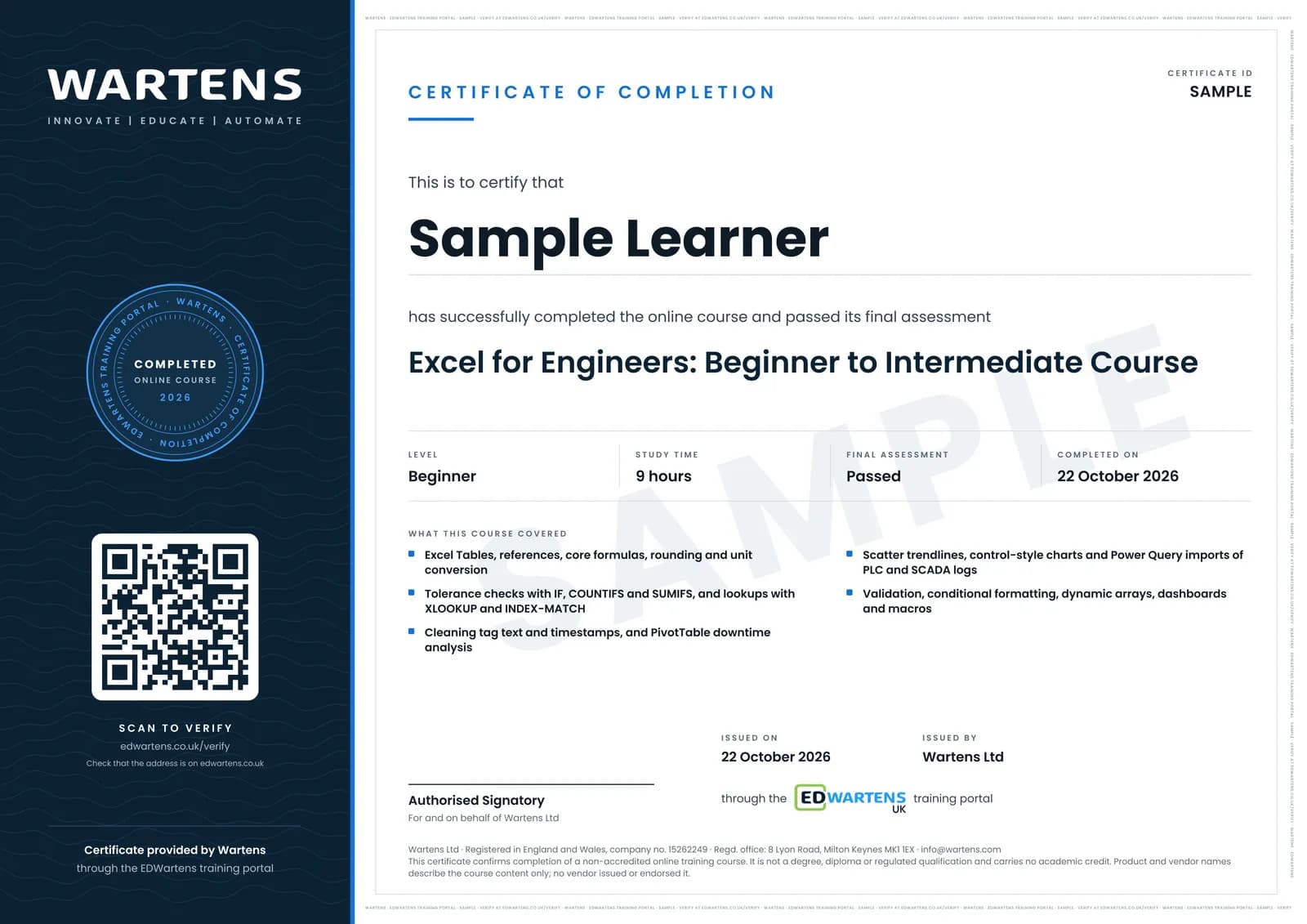 Sample certificate for Excel for Engineers: Formulas, Data and Dashboards