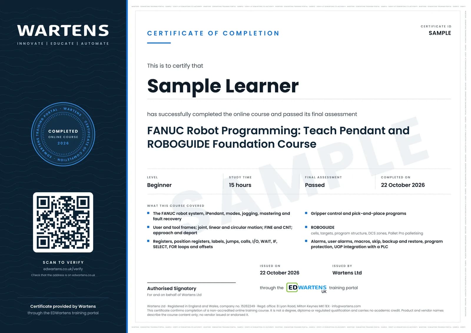 Sample certificate for FANUC Robot Programming with the Teach Pendant and ROBOGUIDE