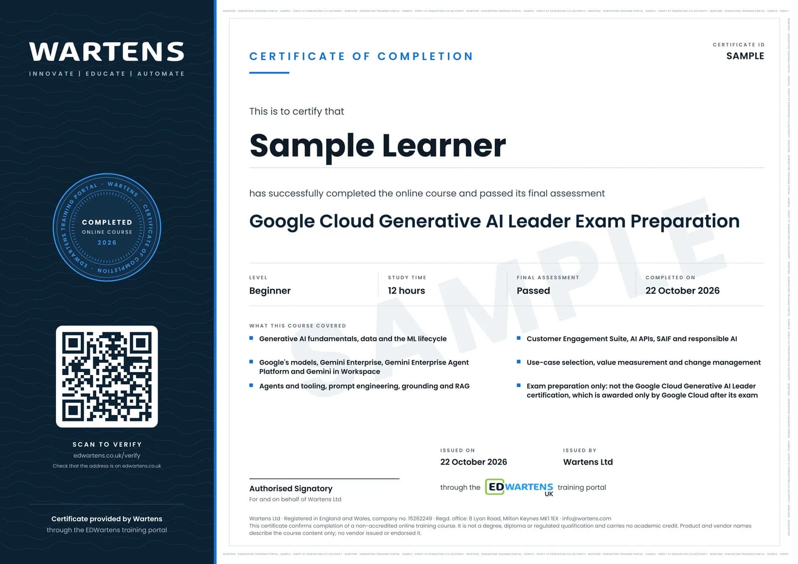 Sample certificate for Google Cloud Generative AI Leader Exam Preparation