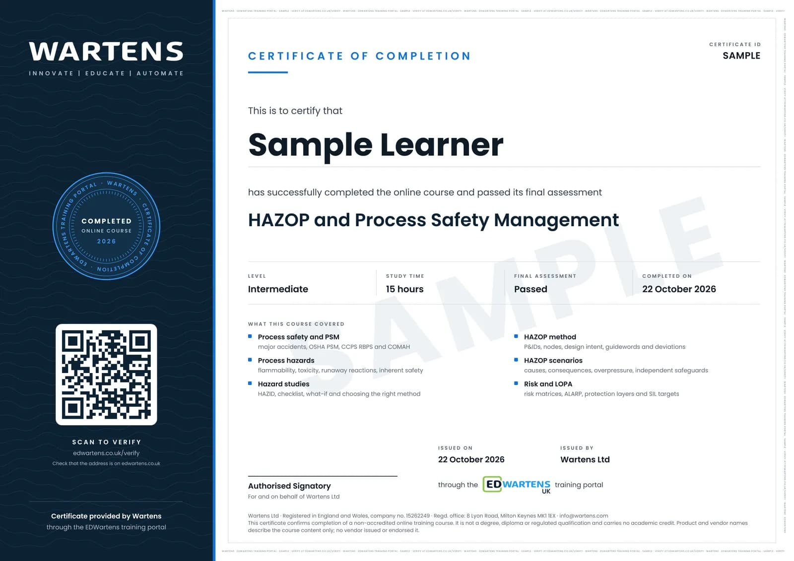 Sample certificate for HAZOP and Process Safety Management