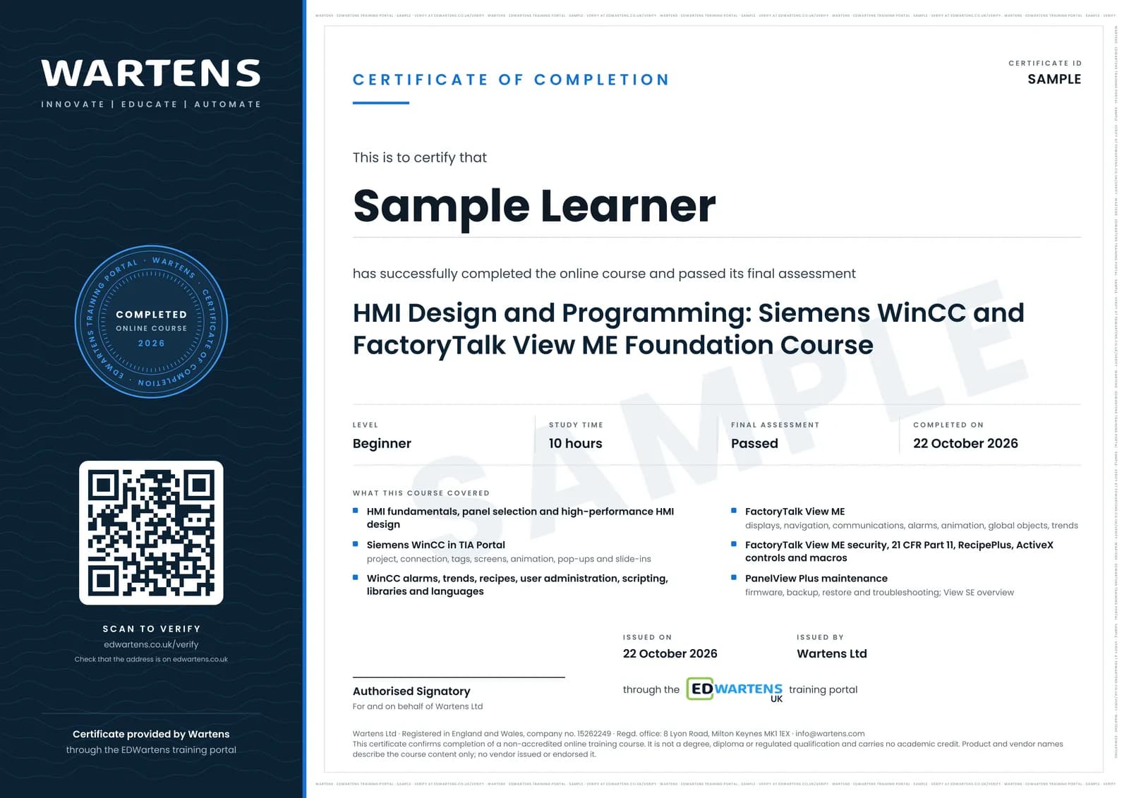 Sample certificate for HMI Design and Programming: Siemens WinCC and FactoryTalk View ME