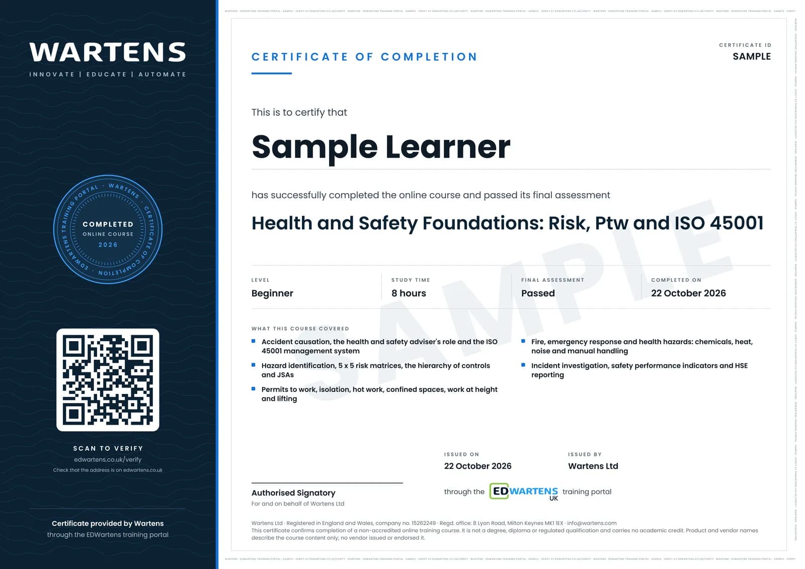 Sample certificate for Health and Safety Foundations: HSWA 1974, RIDDOR and ISO 45001