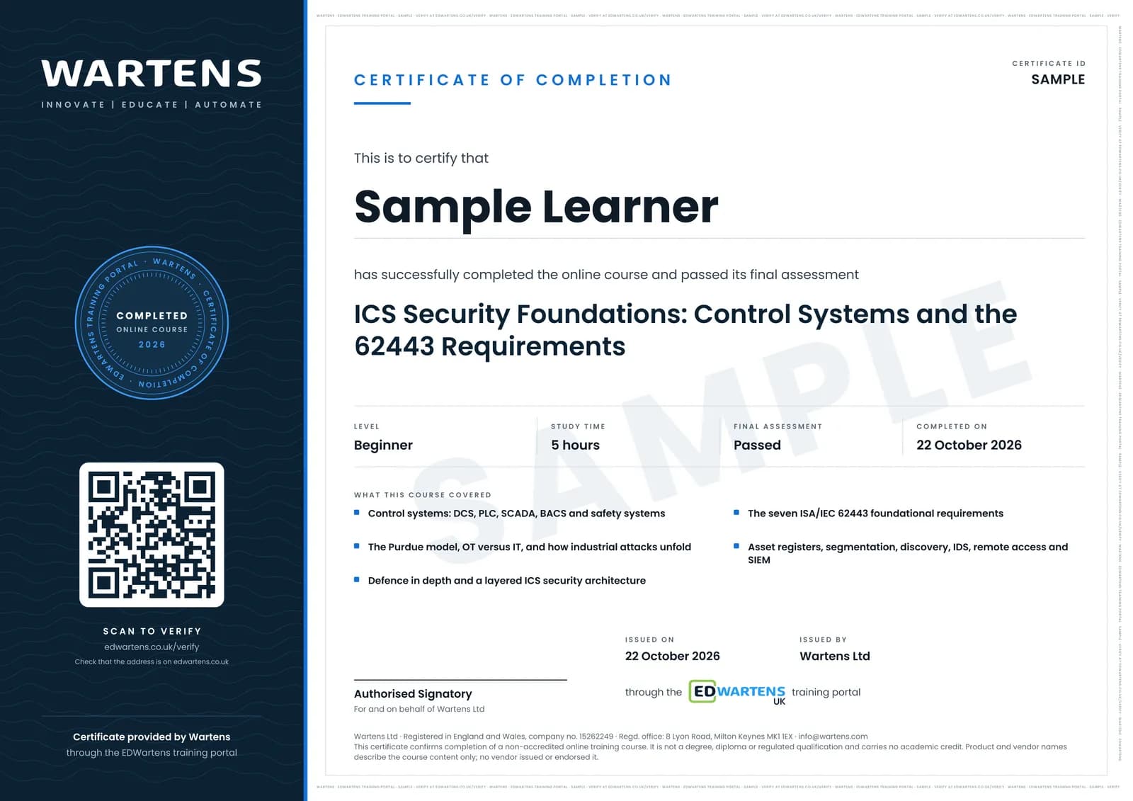 Sample certificate for ICS Security Foundations: Control Systems, Defence in Depth and the 62443 Requirements