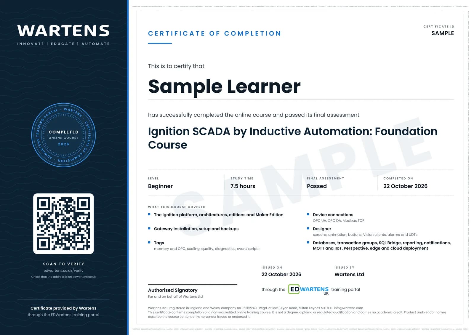 Sample certificate for Ignition SCADA by Inductive Automation