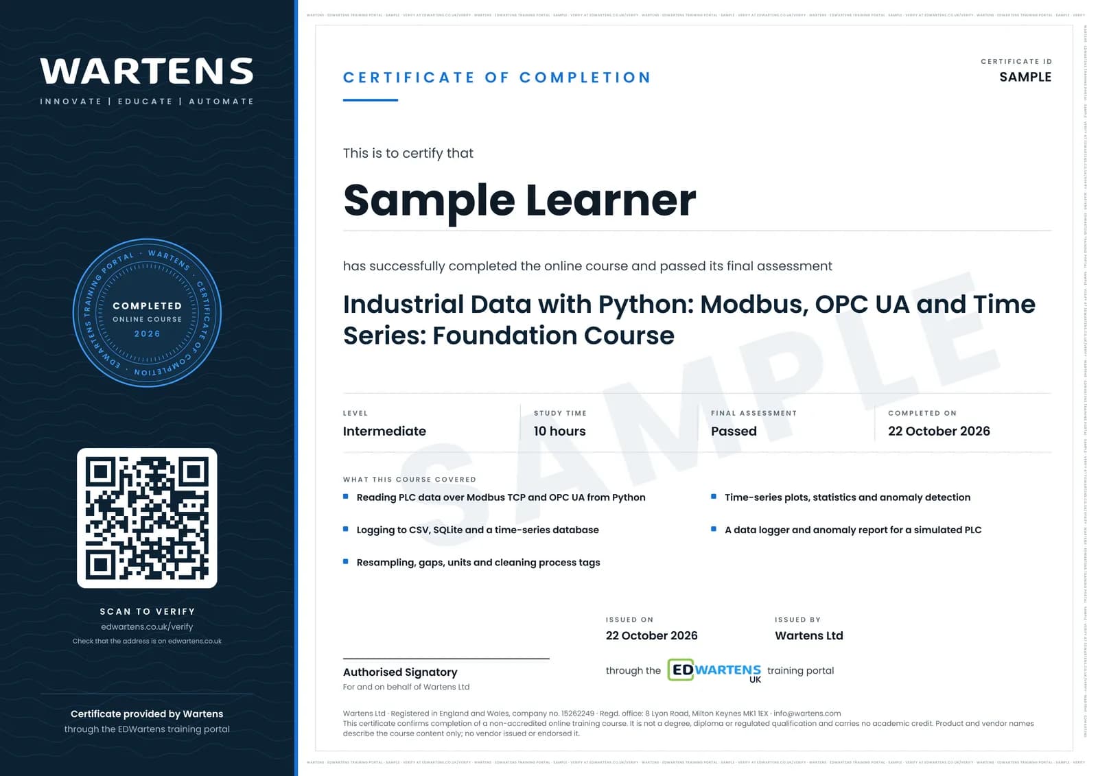 Sample certificate for Industrial Data with Python