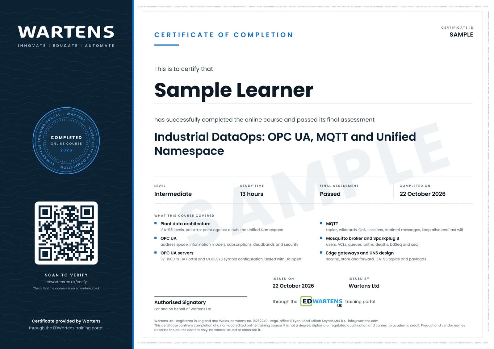 Sample certificate for Industrial DataOps: OPC UA, MQTT and Unified Namespace