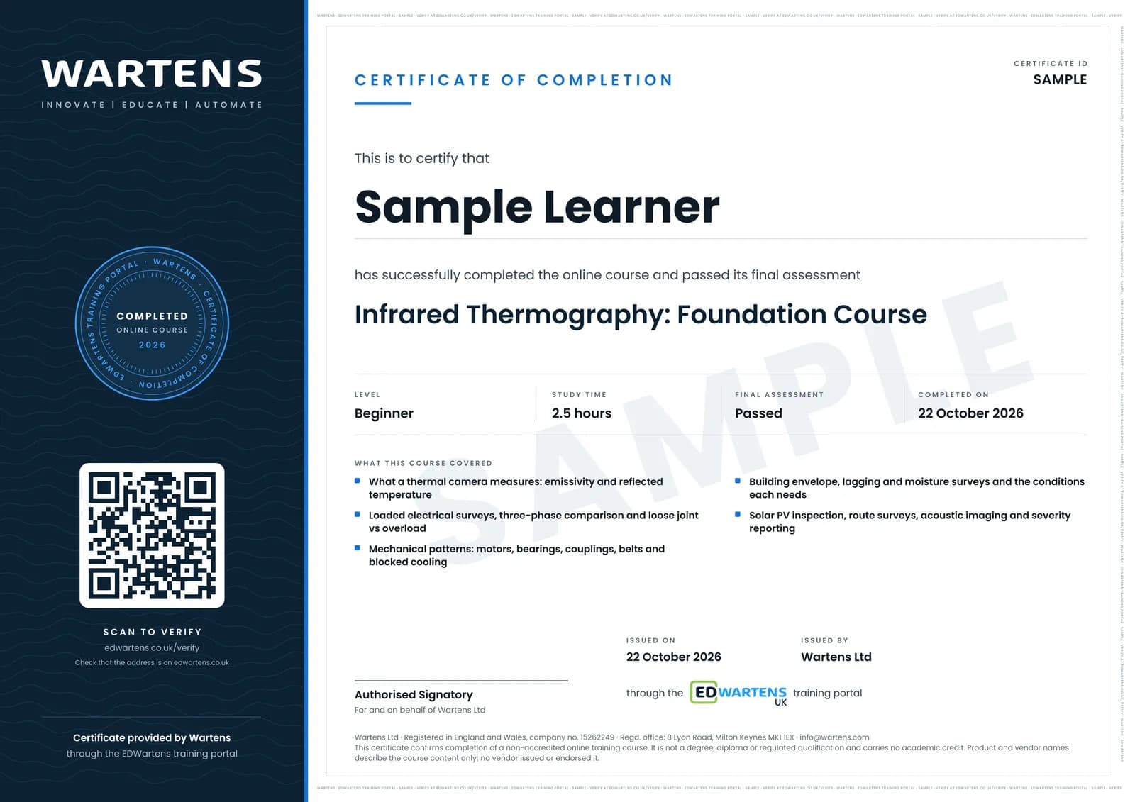 Sample certificate for Infrared Thermography Training
