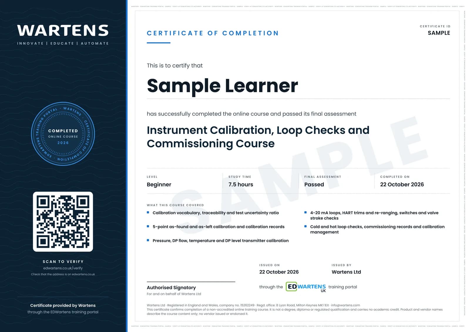Sample certificate for Instrument Calibration, Loop Checks and Commissioning