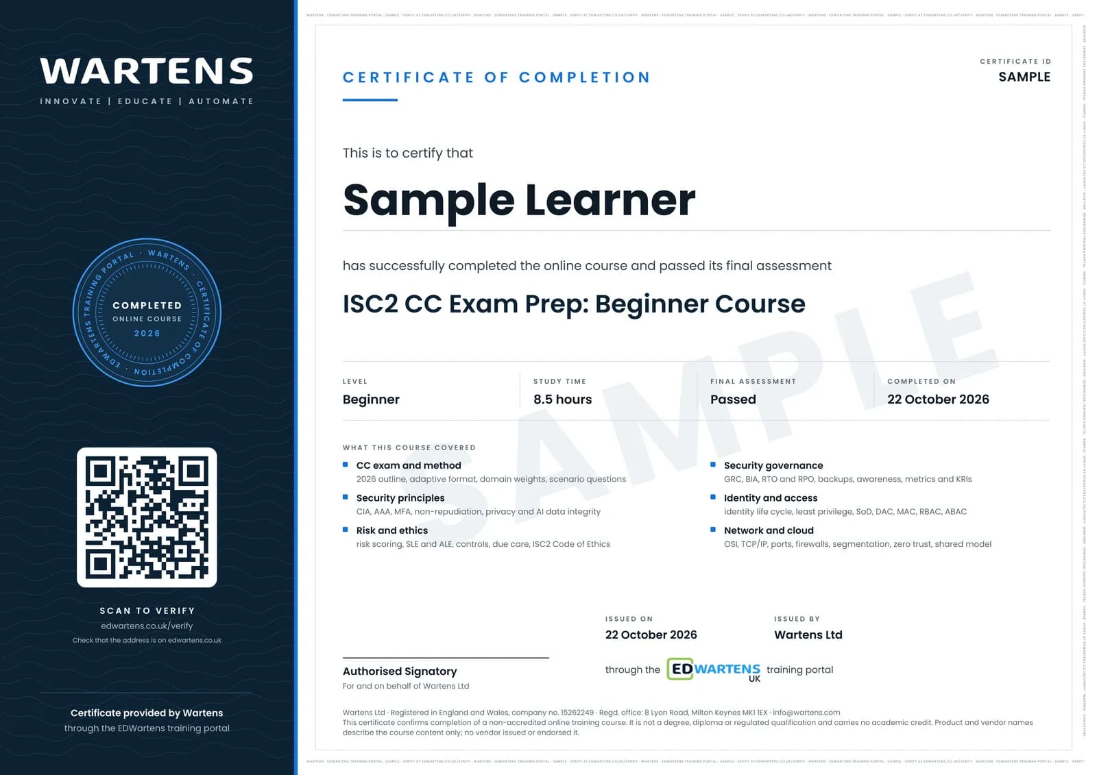 Sample certificate for ISC2 Certified in Cybersecurity (CC) Exam Prep