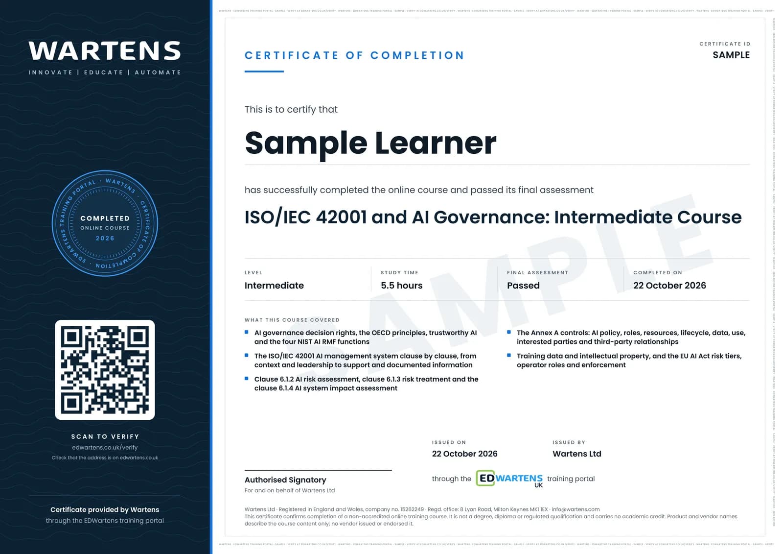 Sample certificate for ISO 42001 and AI Governance