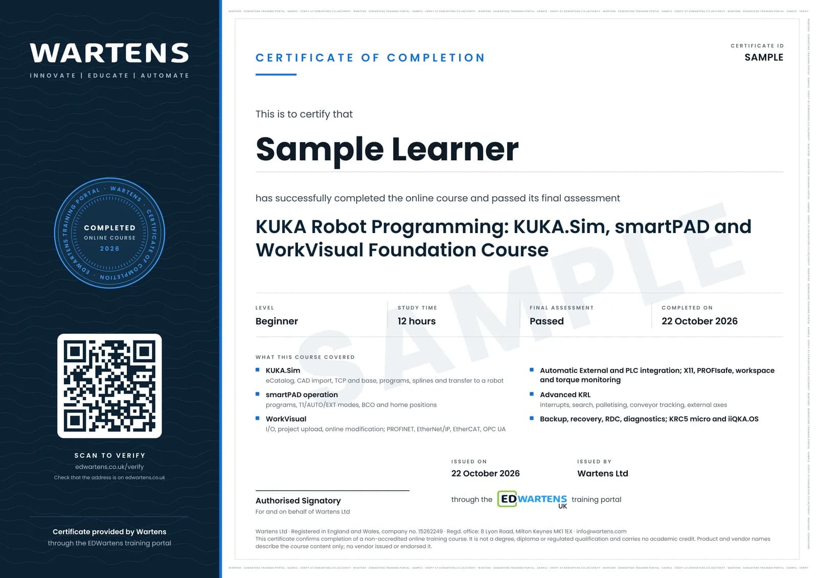 Sample certificate for KUKA Robot Programming with KUKA.Sim, smartPAD and WorkVisual