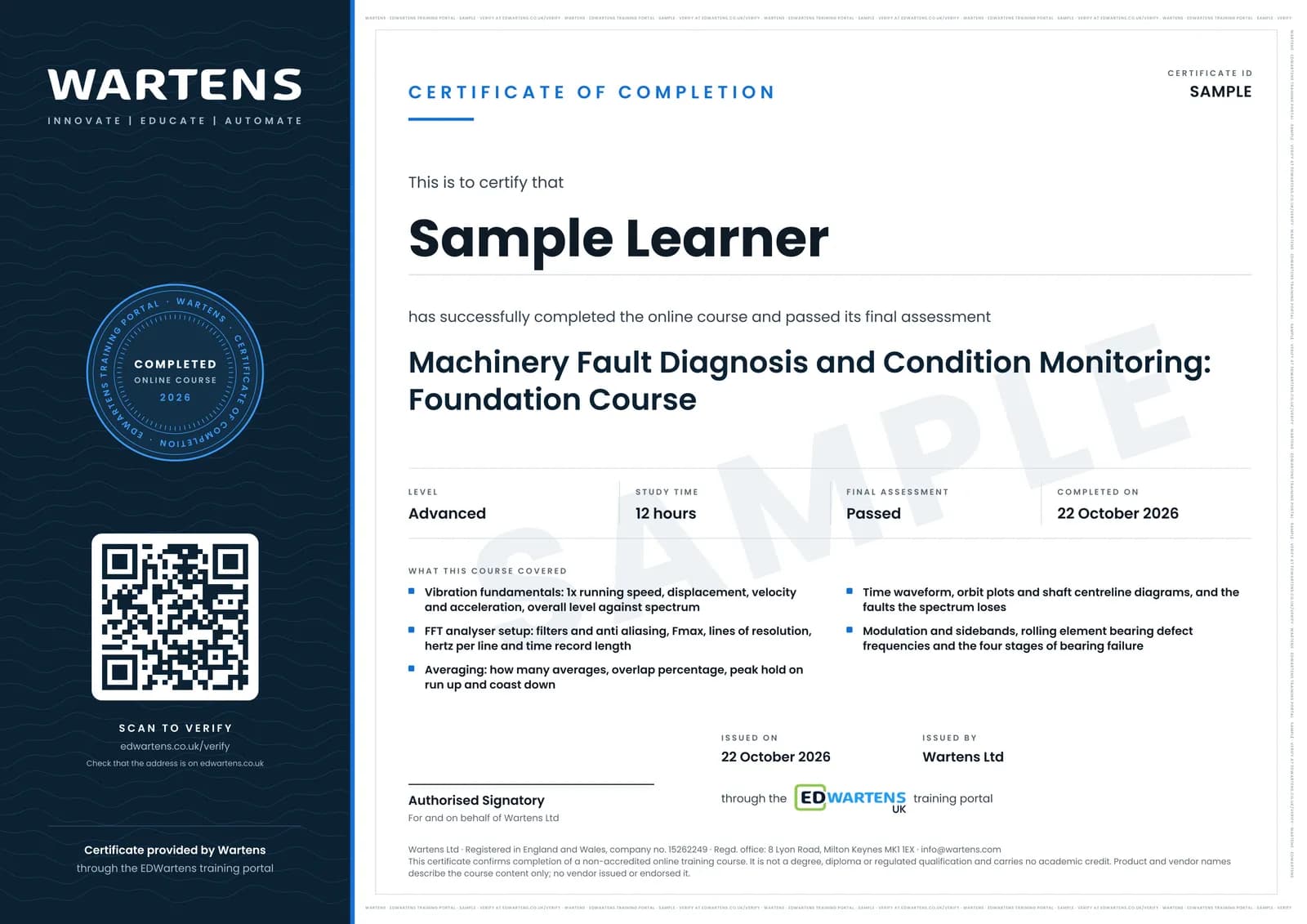 Sample certificate for Machinery Fault Diagnosis and Condition Monitoring