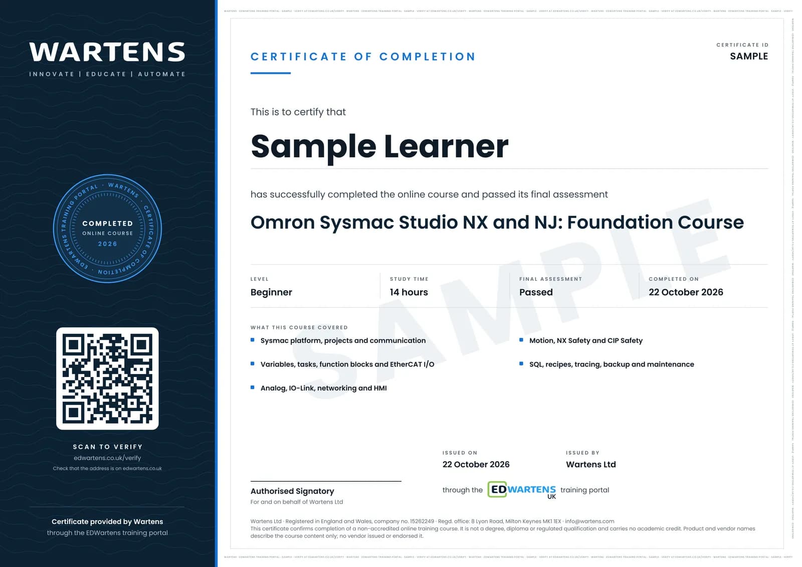 Sample certificate for Omron Sysmac Studio: NX and NJ Machine Controllers