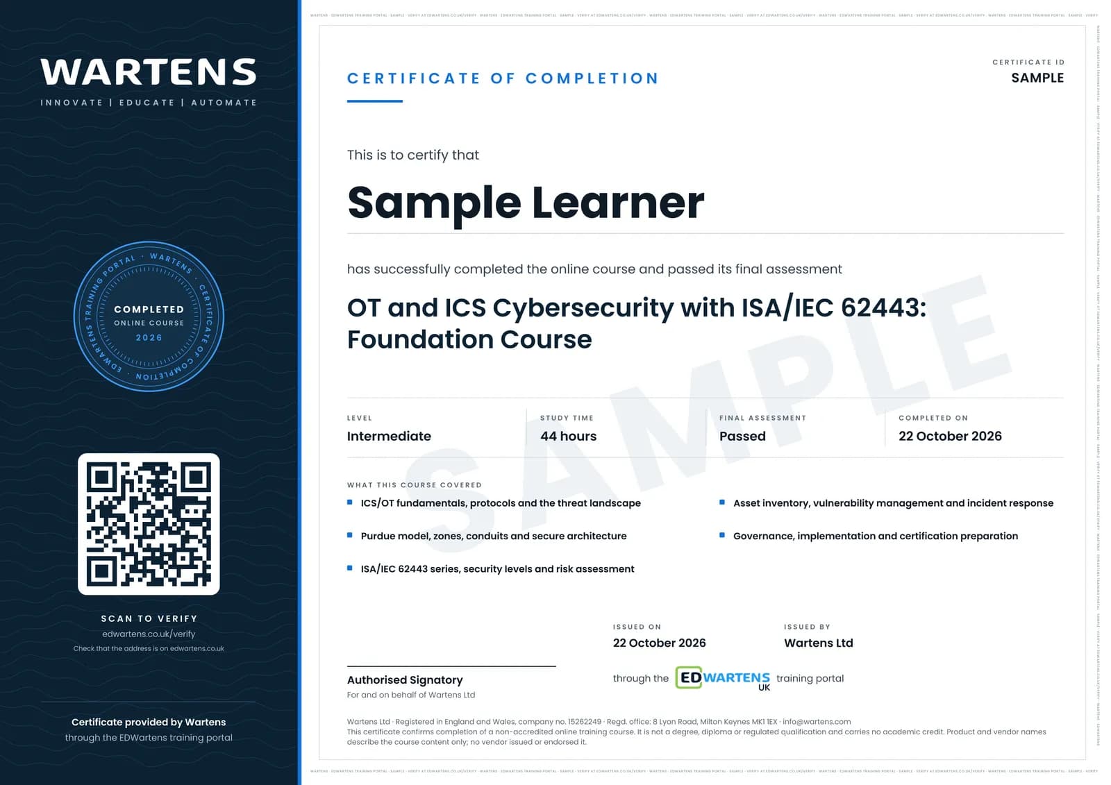 Sample certificate for OT and ICS Cybersecurity with ISA/IEC 62443