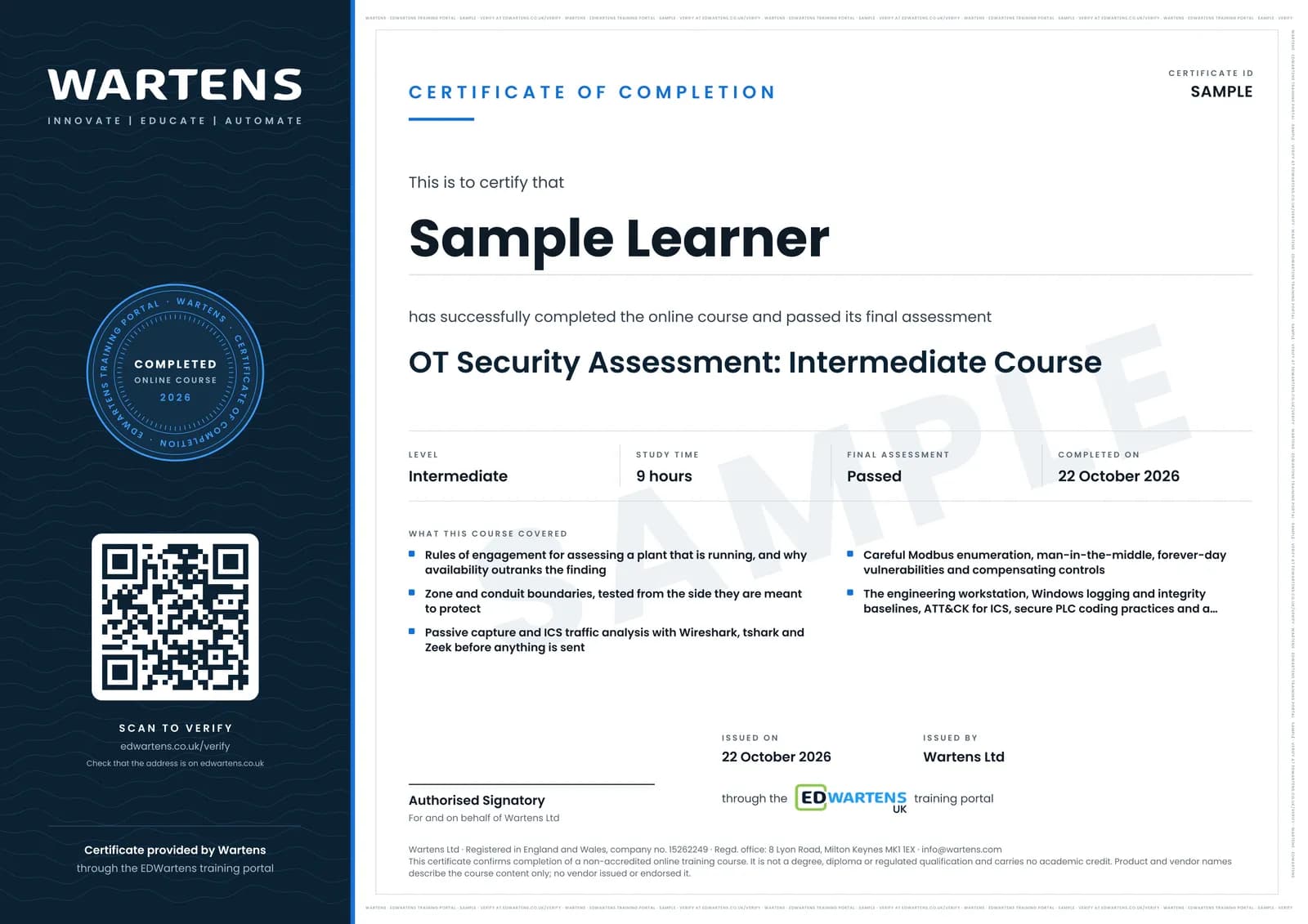 Sample certificate for OT Security Assessment: Testing a Plant Without Stopping It