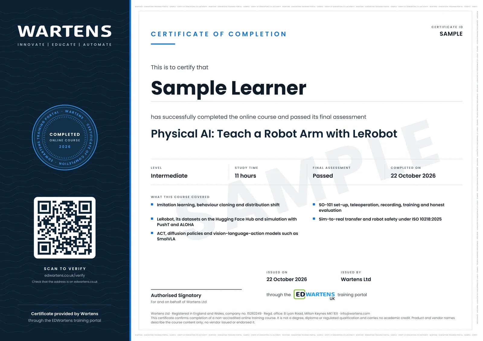 Sample certificate for Physical AI: Teach a Robot Arm with LeRobot
