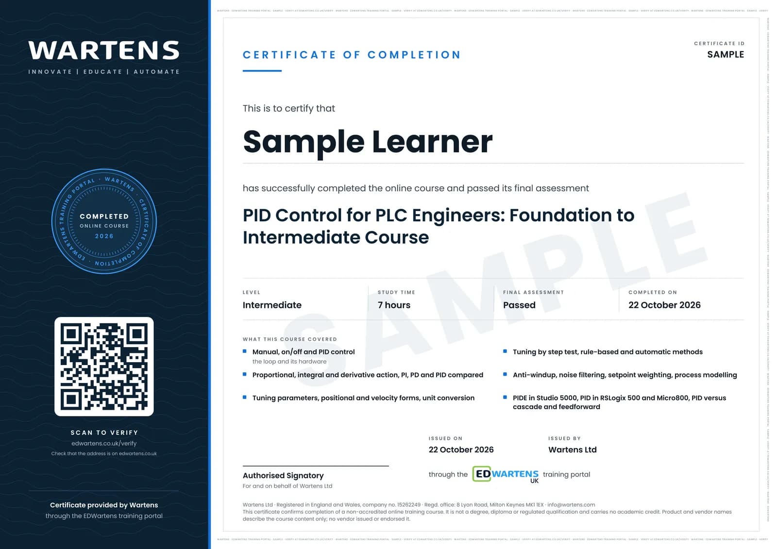Sample certificate for PID Control for PLC Engineers