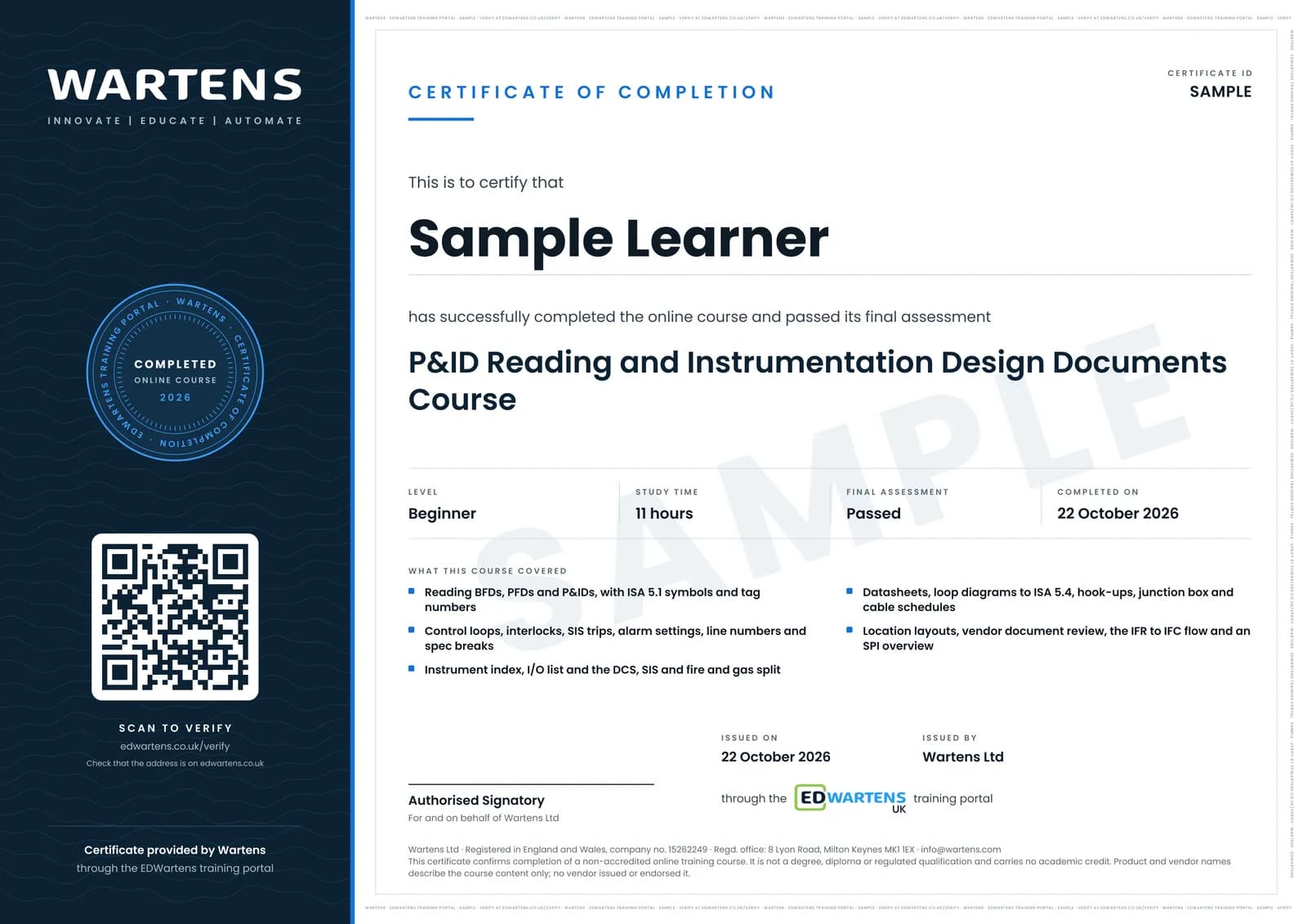 Sample certificate for P&ID Reading and Instrumentation Design Documents