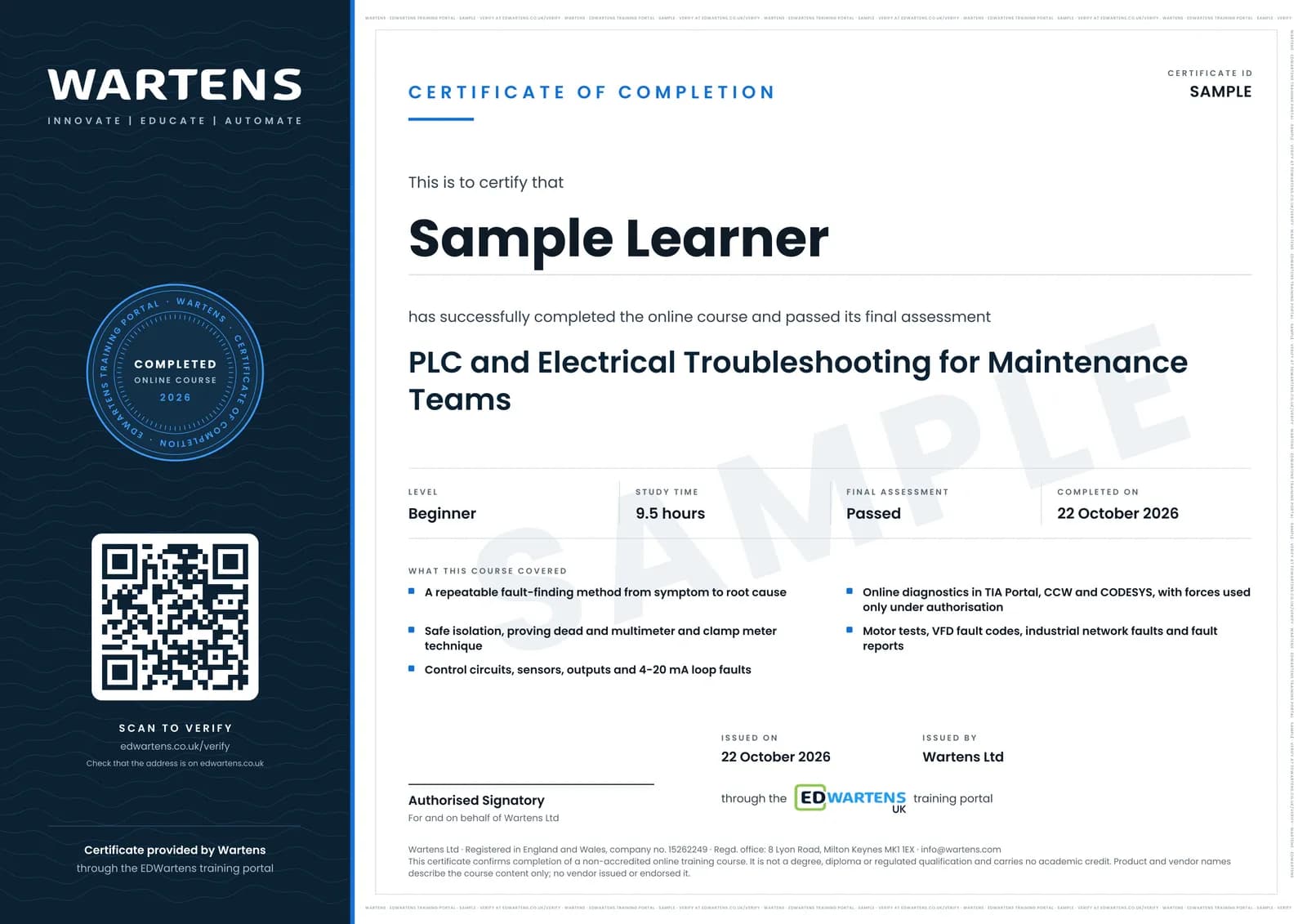 Sample certificate for PLC and Electrical Troubleshooting for Maintenance Teams