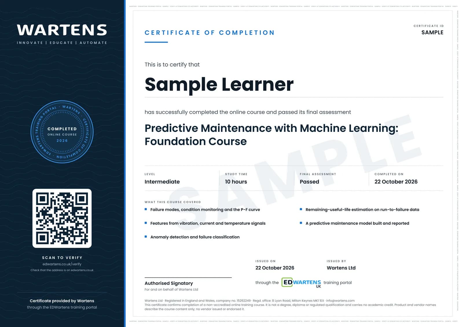 Sample certificate for Predictive Maintenance with Machine Learning