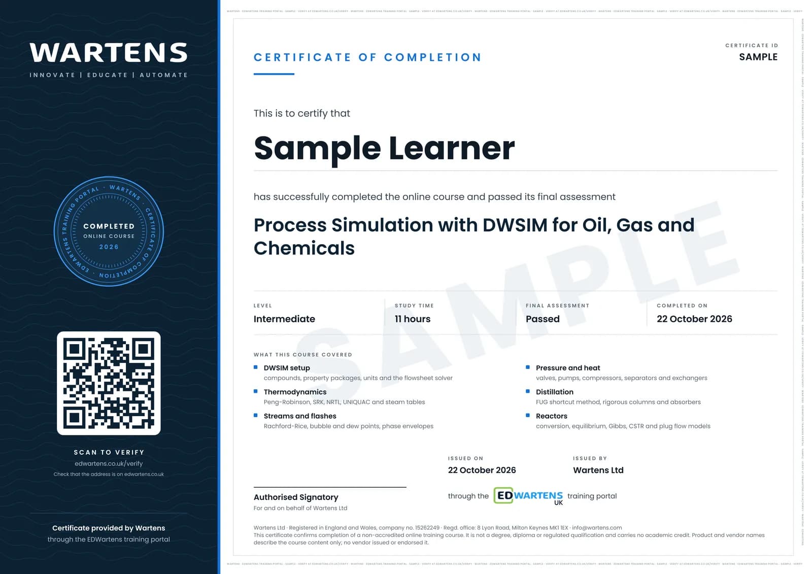 Sample certificate for Process Simulation with DWSIM for Oil, Gas and Chemicals