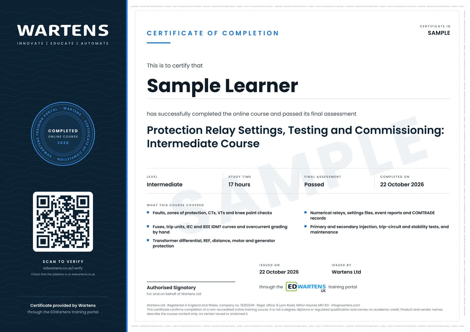 Sample certificate for Protection Relays: Settings, Testing and Commissioning