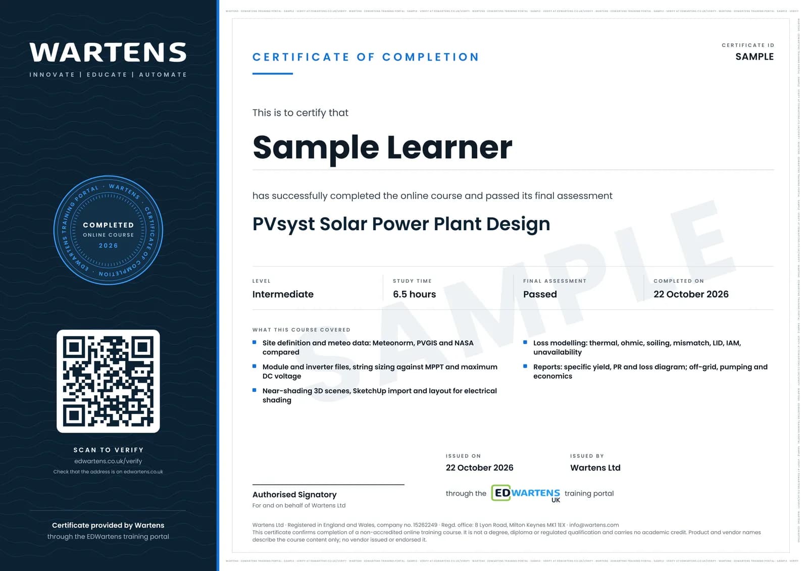 Sample certificate for PVsyst Solar Power Plant Design