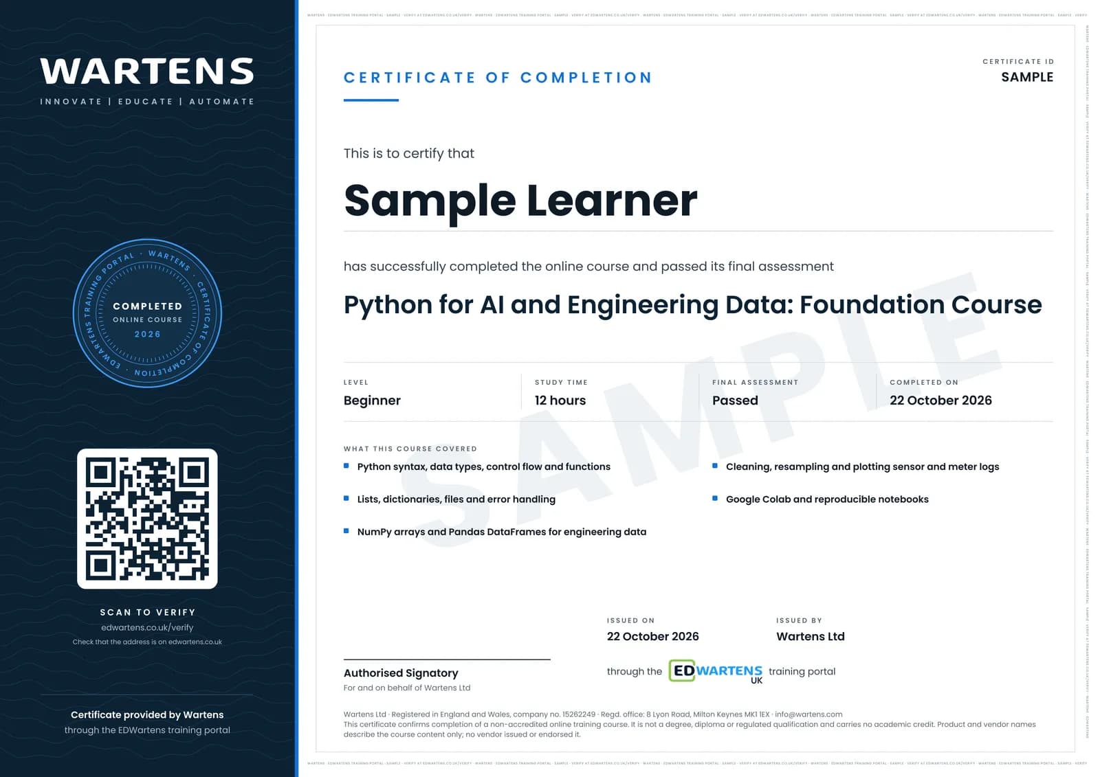 Sample certificate for Python for AI and Engineering Data