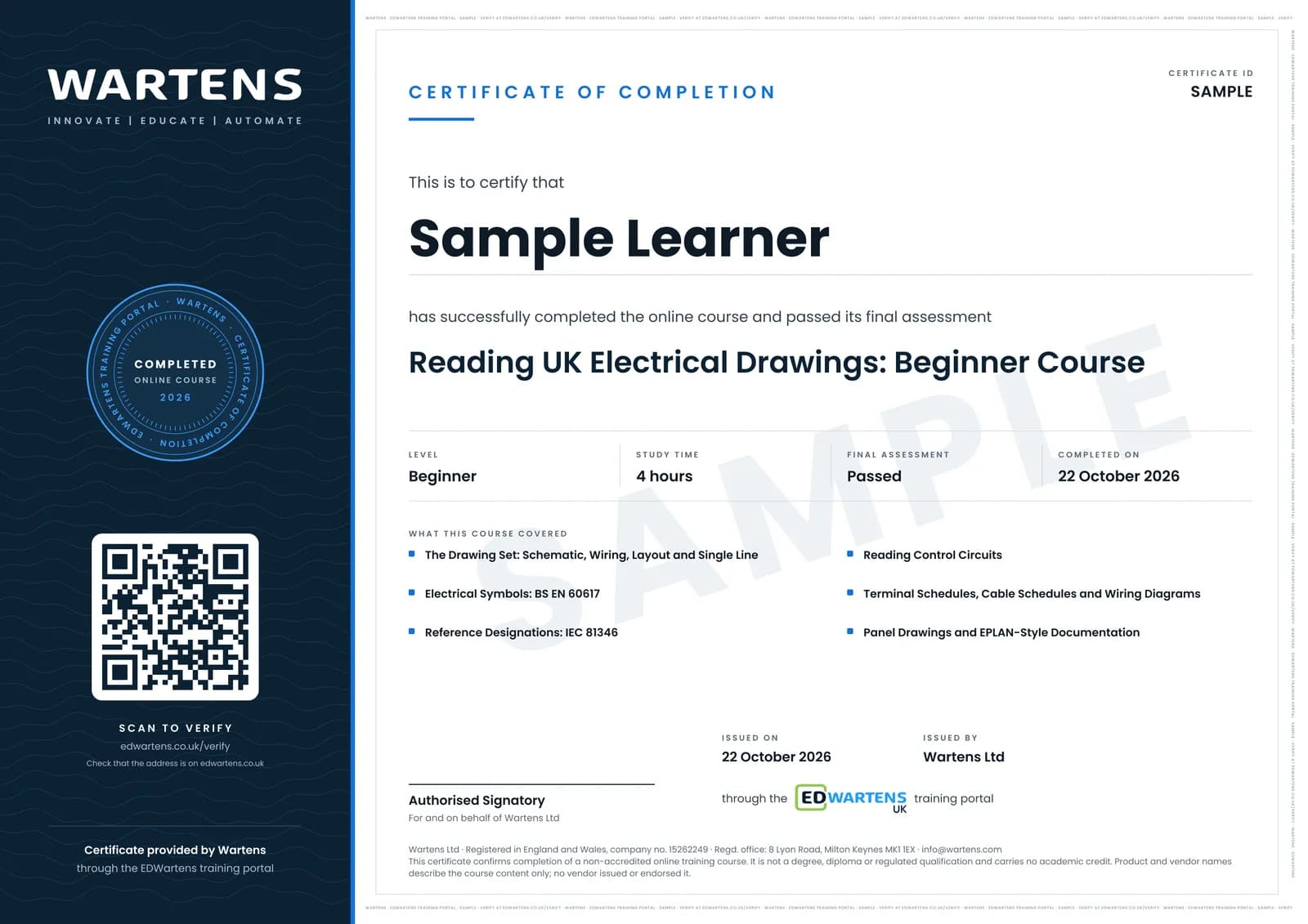 Sample certificate for Reading UK Electrical Drawings
