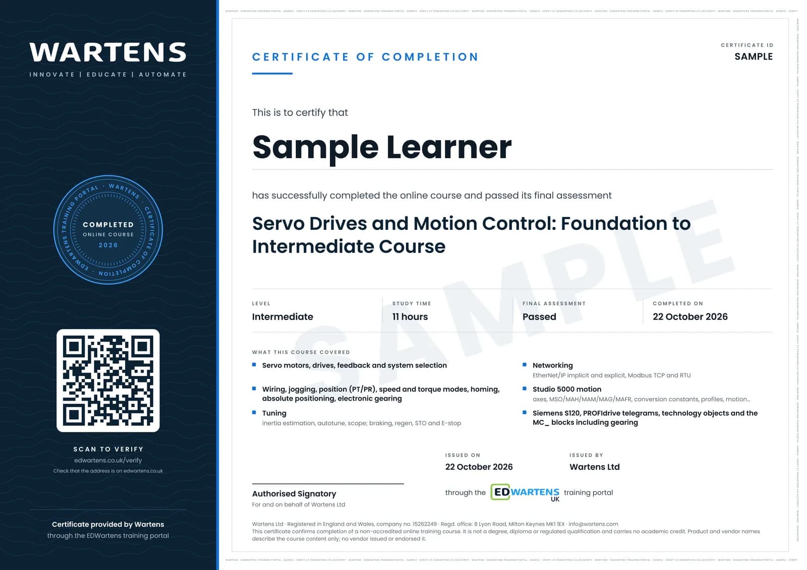 Sample certificate for Servo Drives and Motion Control