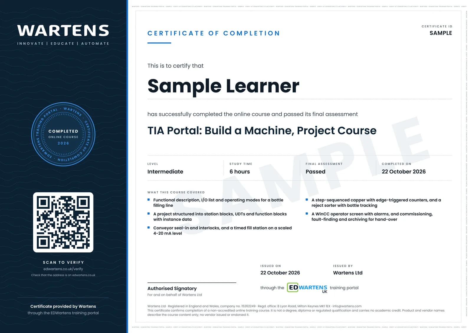 Sample certificate for TIA Portal: Build a Machine
