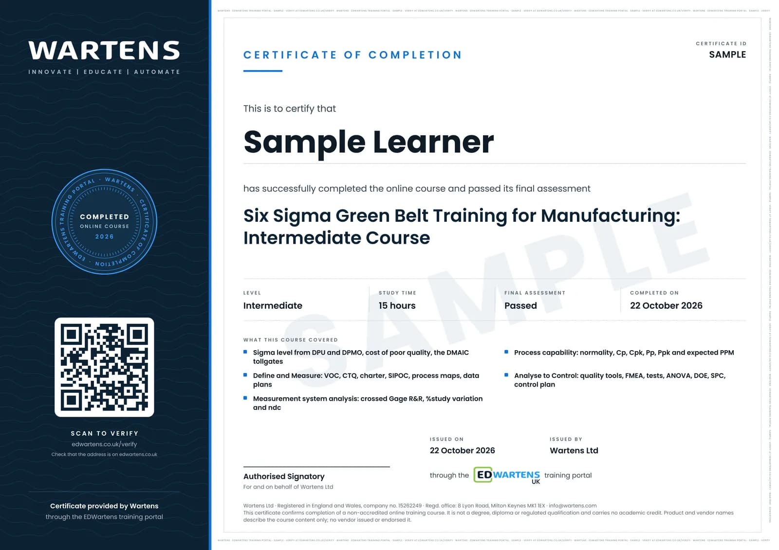 Sample certificate for Six Sigma Green Belt Training for Manufacturing