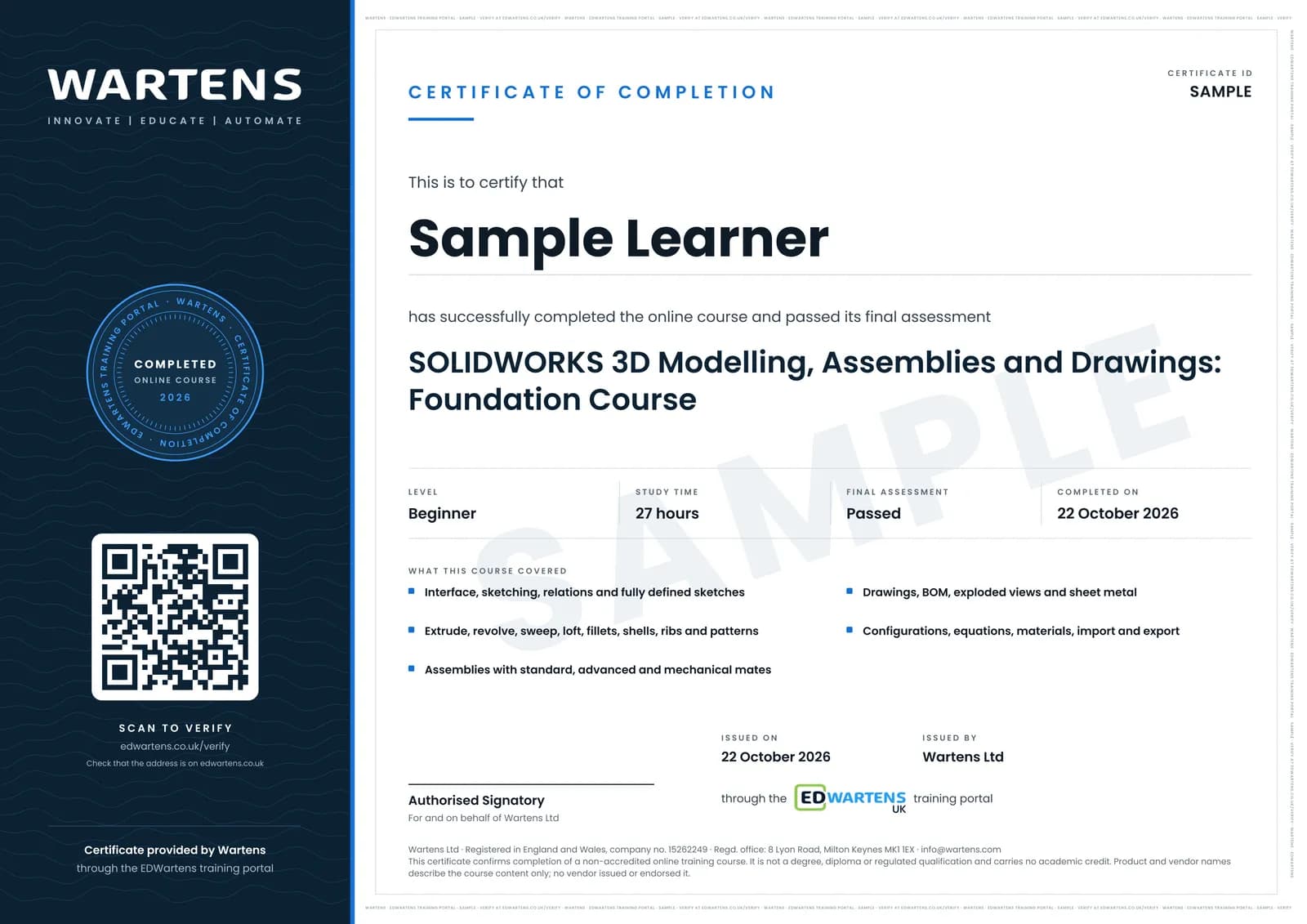 Sample certificate for SOLIDWORKS 3D Modelling, Assemblies and Drawings