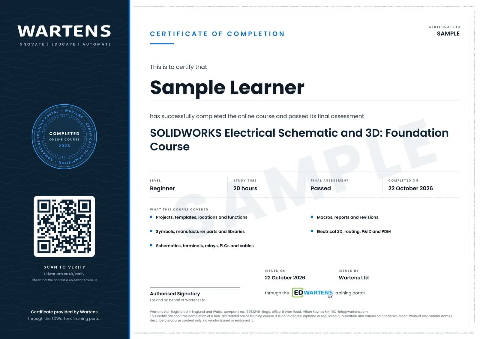 Sample certificate for SOLIDWORKS Electrical Schematic and 3D