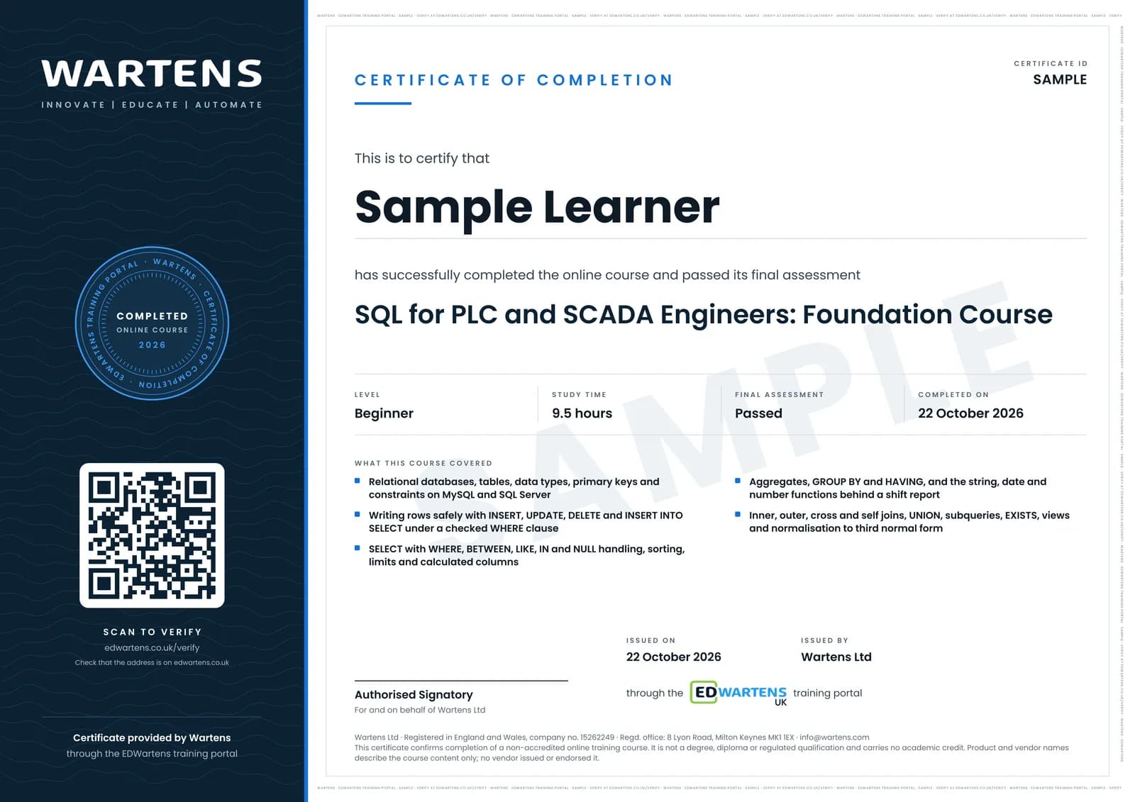 Sample certificate for SQL for PLC and SCADA Engineers