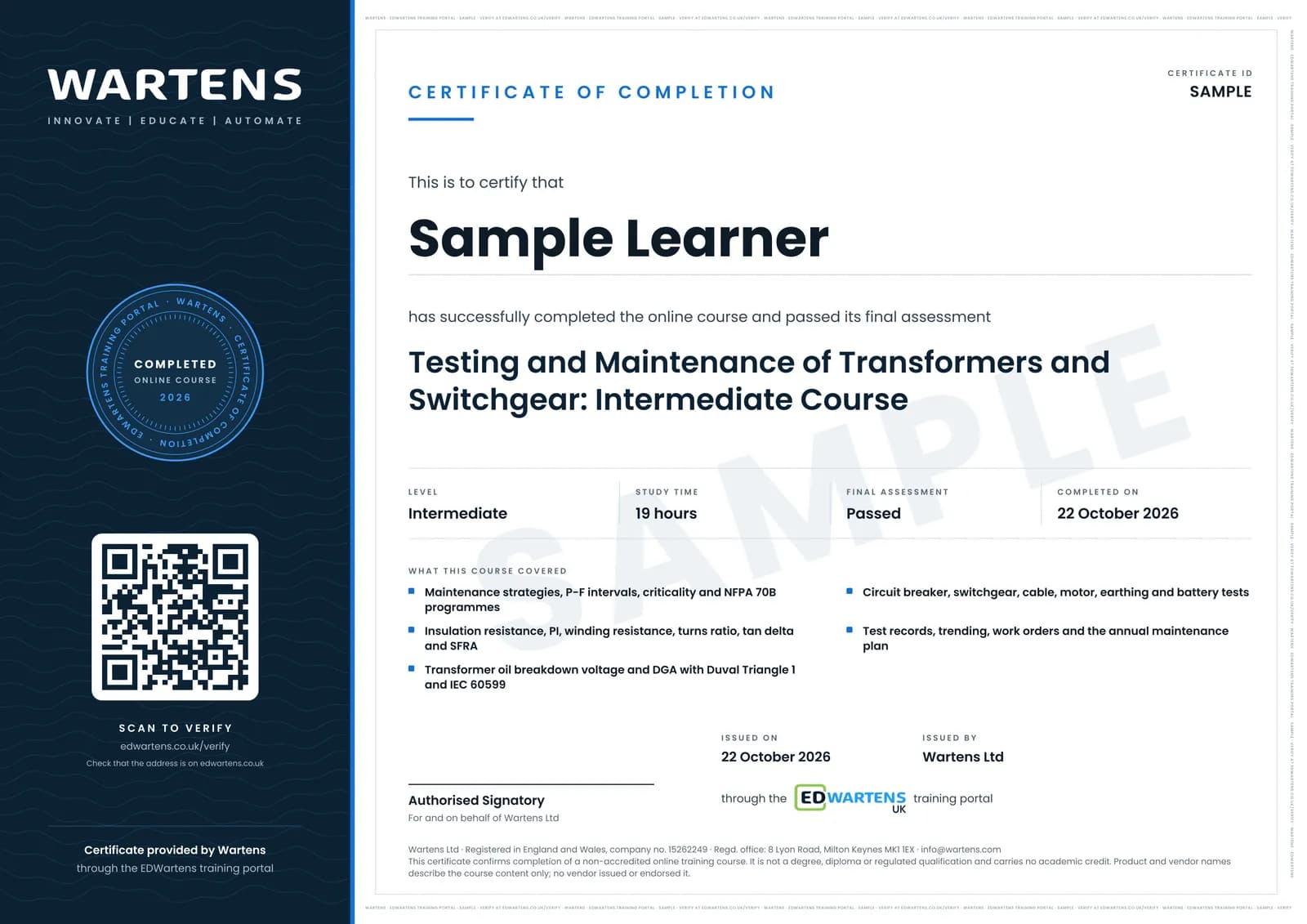 Sample certificate for Testing and Maintenance of Transformers and Switchgear