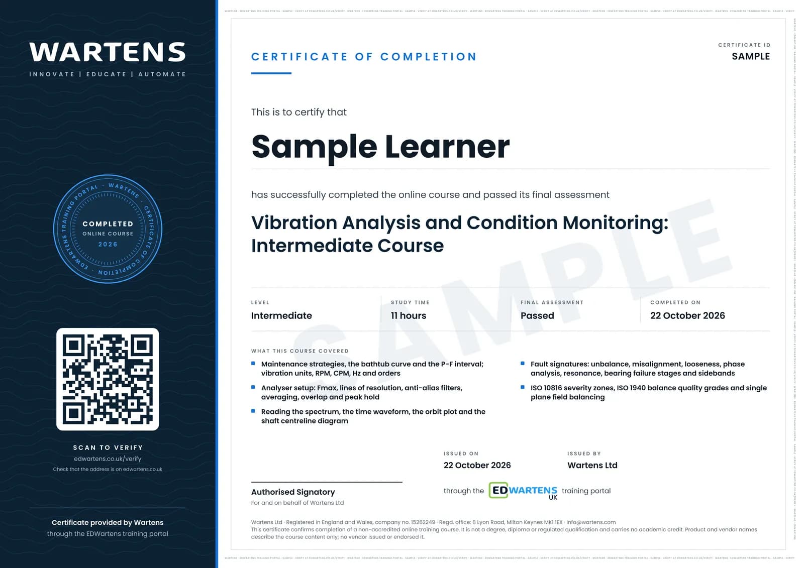 Sample certificate for Vibration Analysis Training