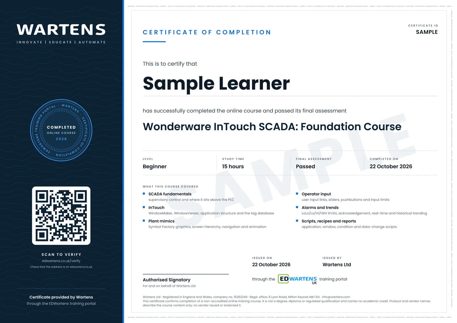 Sample certificate for Wonderware InTouch SCADA