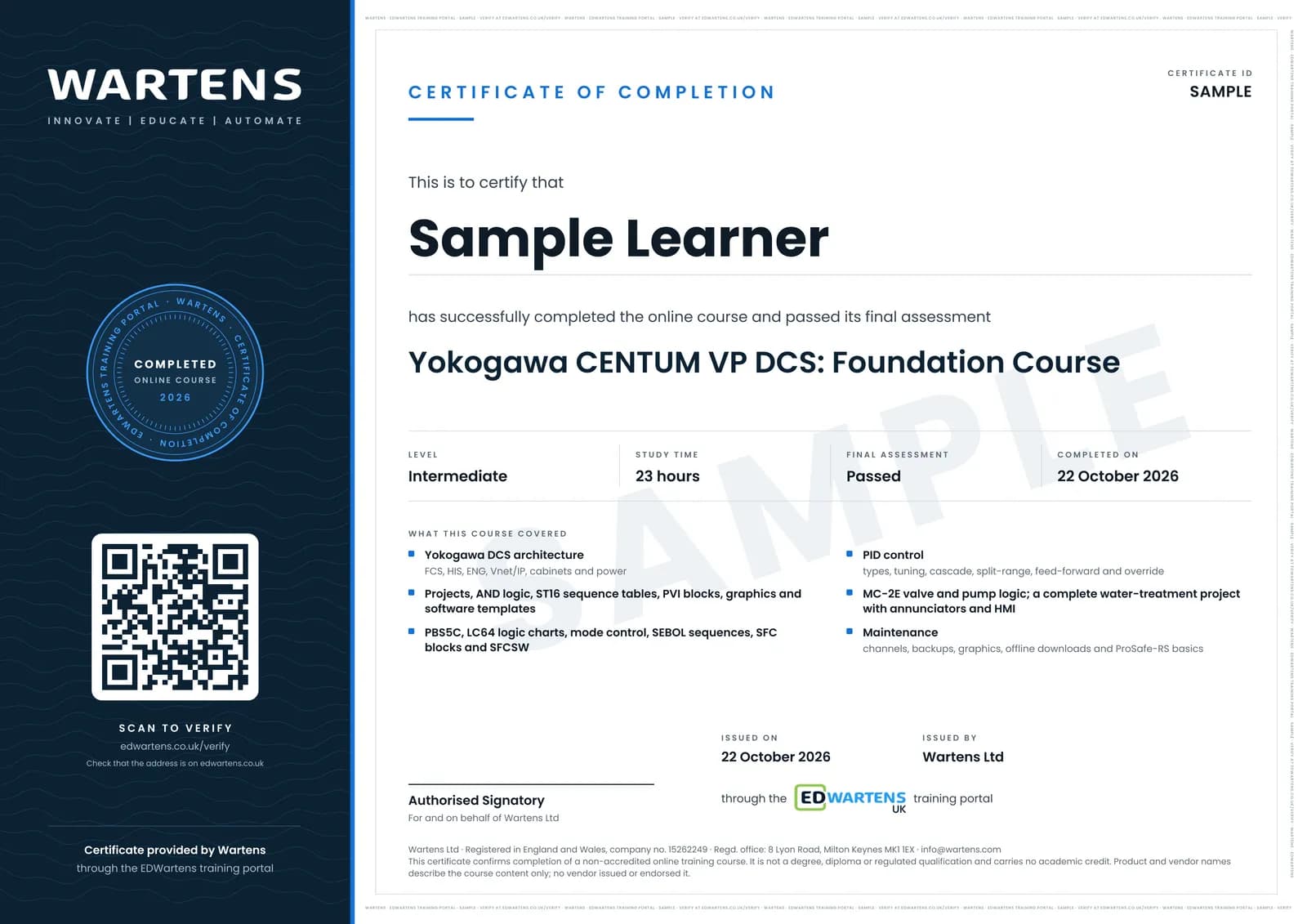 Sample certificate for Yokogawa CENTUM VP DCS