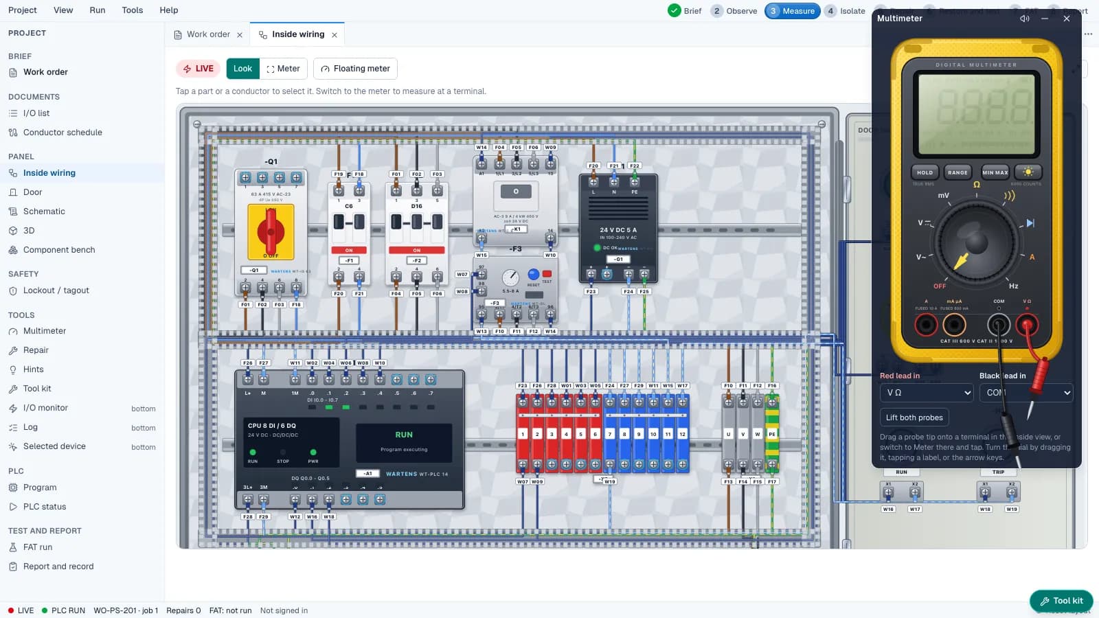 EDWartens Lab: fault-finding inside a control panel with a multimeter on the terminals